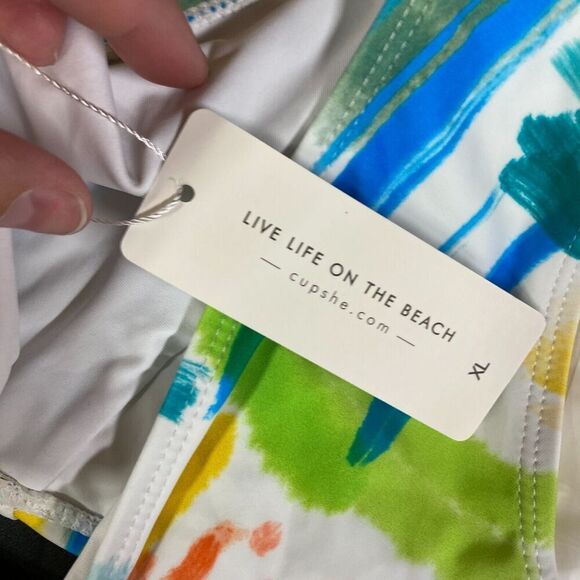 New Cupshe Bikini Swim Suit Women XL Blue Colorblock 2 Piece Lined V-Neck Tie Up - Picture 7 of 9